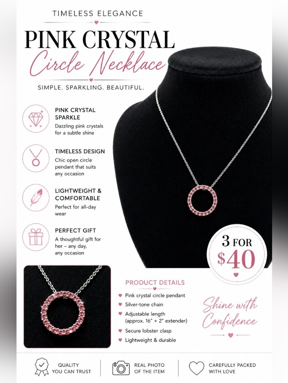 Dainty Circle Necklace Pink Crystal Pendant Minimalist Silver Tone Jewelry